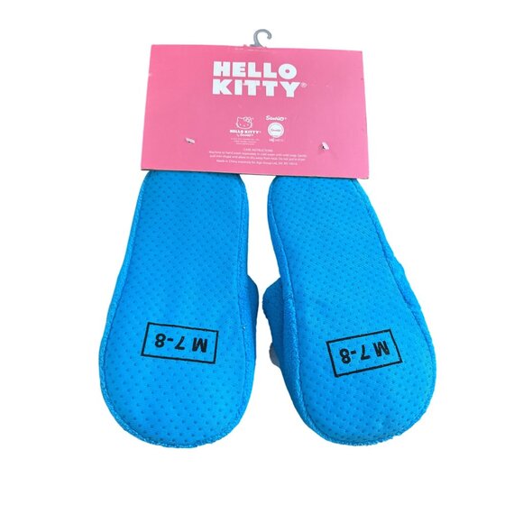 Hello Kitty Blue M-7/8 Slippers With Sequin Pink Bow Plush Comfort Indoor Footwe - Picture 4 of 4